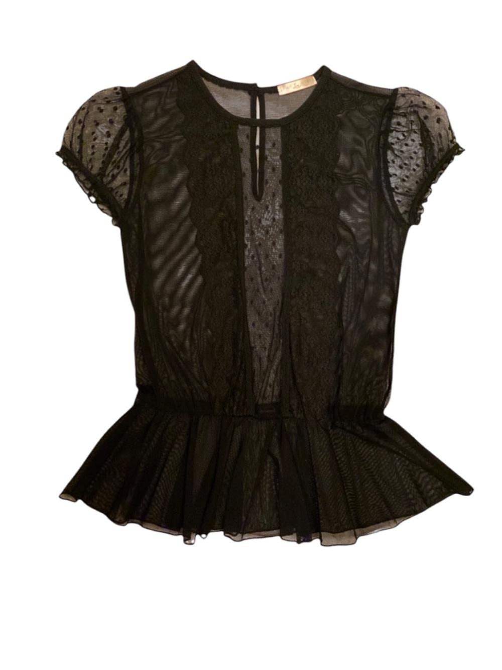 Rare LUX VTG Sheer Black Lace Peplum Cinched/Waist Cap/Sleeve Mesh Polka Dots - Picture 4 of 5